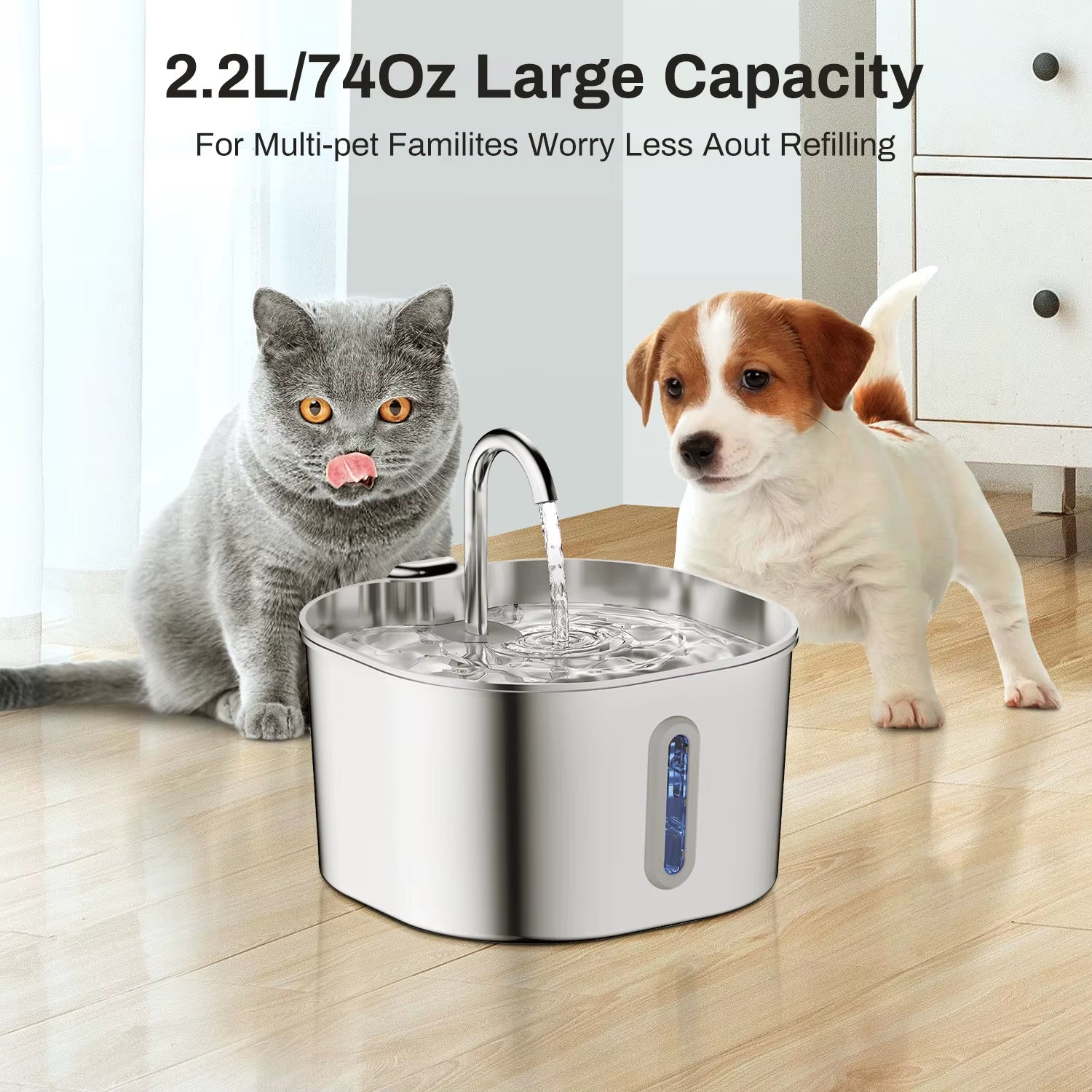 Stainless Steel Cat Water Fountain,2.2L,Pet Water Dispenser with Filter,Dog Drinking Fountain for Cats,Ultra Quiet Water Pump
